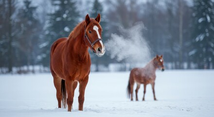 Two horses standing in snowy field with forest background  
