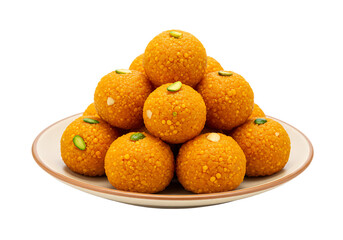 Delicious indian boondi ladoo dessert beautifully arranged on a white plate with Isolated on transparent background