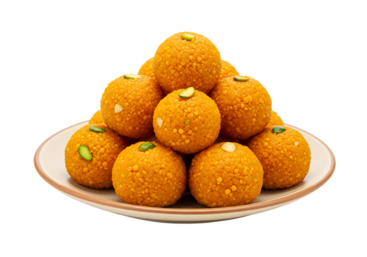 Delicious indian boondi ladoo dessert beautifully arranged on a white plate with Isolated on transparent background