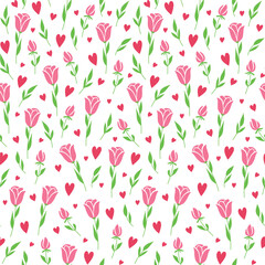Seamless Valentine Flowers And Hearts Pattern For Gift Wrap And Fabric Print