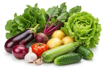 Fresh vegetables assortment including eggplant, lettuce, tomato and potatoes