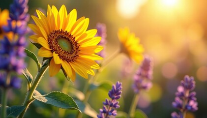 Soft, radiant curves of sunflowers, daisies & lavender blossoms , beauty, nature