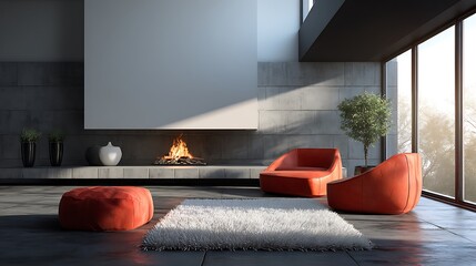 모던한 벽난로가 있는 미니멀 거실 AI 생성