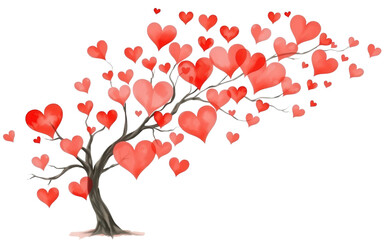 Fototapeta premium tree with heart shaped leaves in vibrant red and pink tones is displayed on transparent background, symbolizing love and affection. whimsical design evokes sense of romance and joy.
