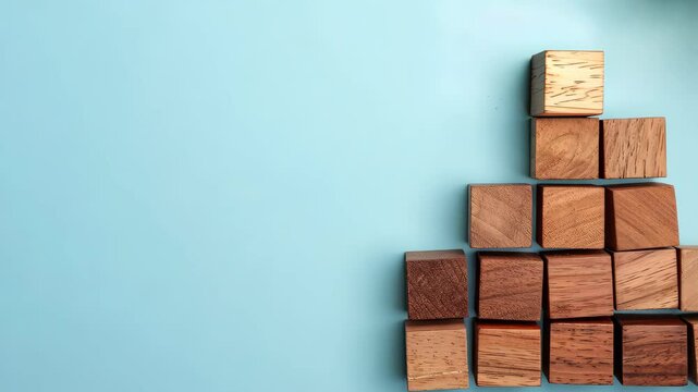 A collection of neatly stacked wooden blocks on a blue background, evoking themes of creativity, education, and playfulness. Perfect for various designs.