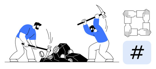 Two workers use hammers to break rocks, symbolizing effort and teamwork. Interlinked hands and a metadata tag signify unity, shared goals, and connectivity. Ideal for teamwork, effort, community