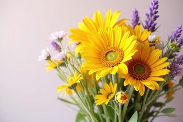 Obraz premium Sunflowers, daisies, lavender in soft, flowing summer bouquet , daisies, plant