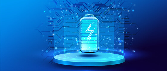 Battery charge icon on podium. Electric discharge lightning in neon design. Power light futuristic energy storage. Accumulator high voltage, long battery charge. Technology vector illustration.