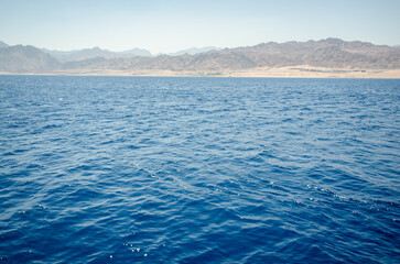 Calm Red Sea waters shimmer under bright sunlight, reflecting clear sky. Distant mountains create rugged horizon, contrasting with deep blue waves. Serene and vast seascape