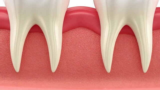 Dental view showing teeth and gum interaction, depicting gum health and hygiene, illustrating tooth anatomy and health.