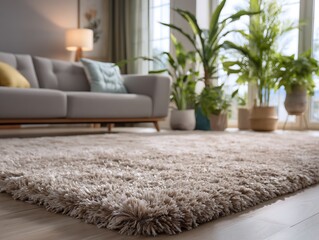 식물과 함께하는 고급스러운 거실 러그 공간 AI 생성