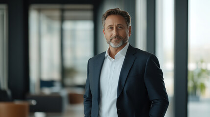 confident corporate leader in modern office setting, dressed in tailored suit, exuding professionalism and charisma.