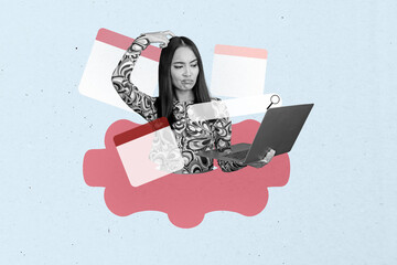3D photo collage template trend artwork sketch of young woman office manager work laptop think...