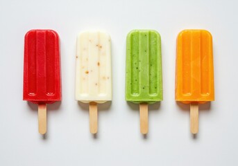 Assorted fruit popsicles in a row on white background for summer treat