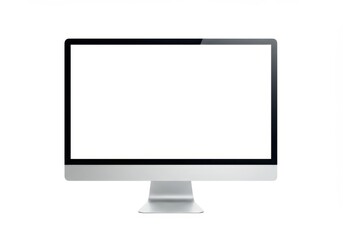 Desktop computer with blank white screen on white background, front view