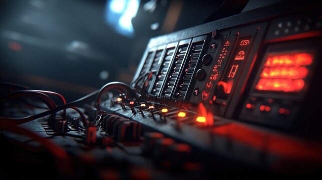 Futuristic control panel, red lights, dark room, technology - Powered by Adobe