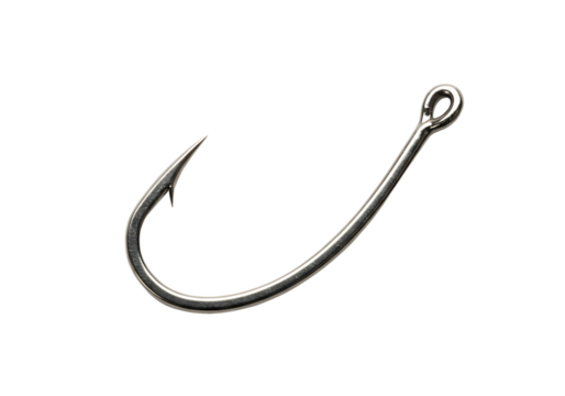 Single silver fishing hook isolated Isolated on transparent background for conceptual designs
