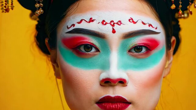 Colorful Portrait of an Asian Woman with Traditional Chinese Makeup and Hair
