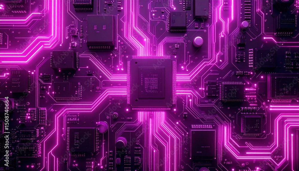 Poster high tech circuit board design with glowing pink lines