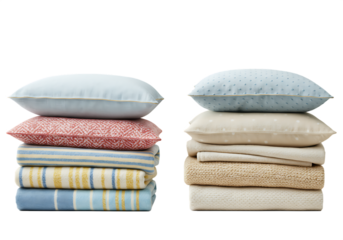 Two stacks of pillows blankets and bedding displayed Isolated on transparent background