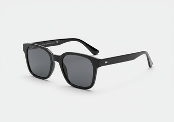 Close-up of black sunglasses with dark lenses on a white background