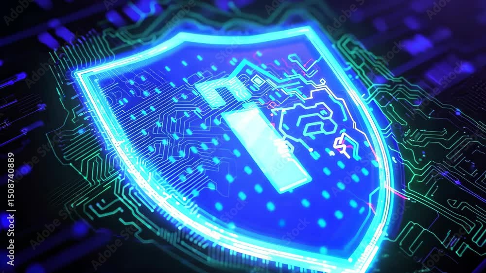 Aufkleber this image features a glowing digital security shield set against a circuit board background, symbol