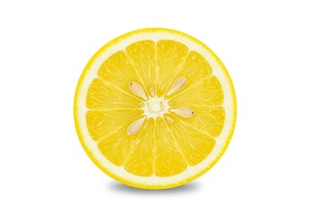 Studio shot of a vibrant lemon slice showing pulp and seeds on a white background