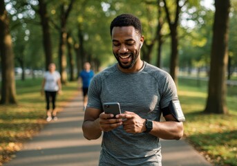 Smiling man using smartphone while jogging in park on sunny day