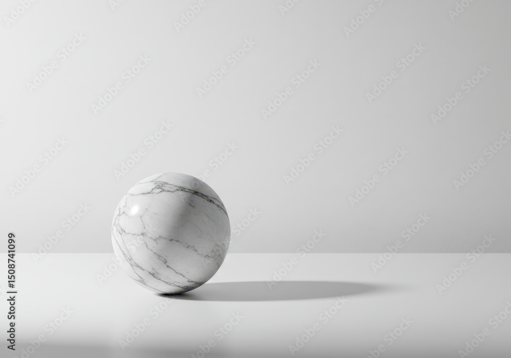 Poster marble sphere with veins on a white surface casting a shadow in a studio setting