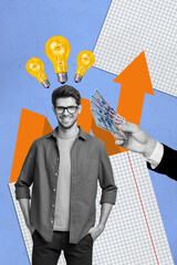Vertical poster collage of happy businesswoman businessman stand arrow development light bulb idea...