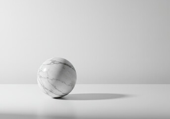 Marble sphere with veins on a white surface casting a shadow in a studio setting