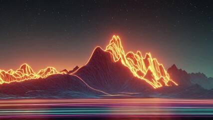 Night landscape with glowing orange mountain range under a starry sky. Vibrant neon light streaks across the foreground reflecting on a dark, still body of water. Digital art style. - Powered by Adobe