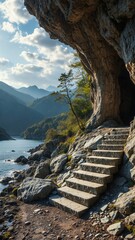 Stone Steps Leading to a Cave Overlooking a Mountain Lake