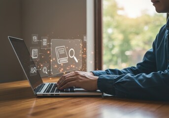Person using laptop with digital book and search icons for online learning
