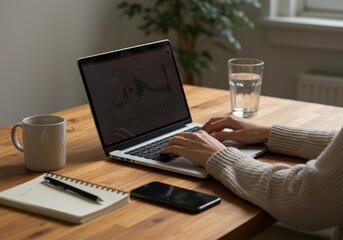 Person typing on laptop with coffee, water, notebook and phone on wooden desk