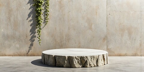 Minimalist Stone Podium with Greenery Against Textured Wall