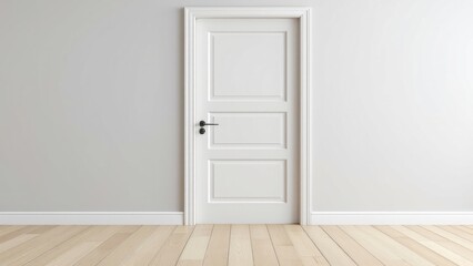 Close up of closed wooden door in the empty room with copy space