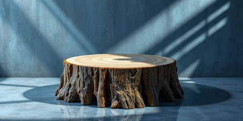 Tree Stump in Minimalist Interior with Sunlight Shadows