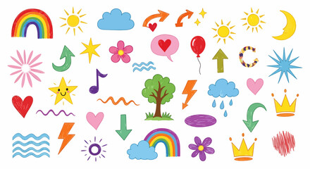 Hand Drawn Crayon Doodle Icon Set – Rainbow, Heart, Sun, and Kids Elements