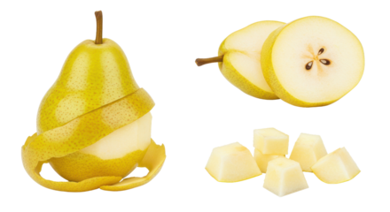Ripe pear with peel and slices for healthy eating isolated PNG with Transparent Background