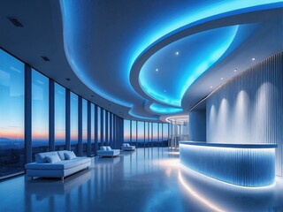 Modern Luxury Interior with Blue Ambient Lighting and City View