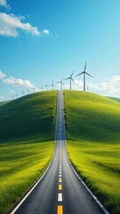 Road to Wind Turbines on Green Hill under Blue Sky
