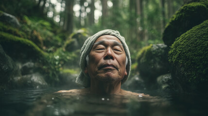 山の温泉でくつろぐ高齢男性