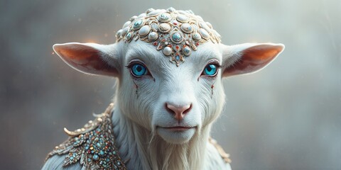 Mystical White Goat with Ornate Jewelry and Blue Eyes