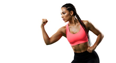 Strong Athletic Woman Flexing Muscles in Profile Studio Shot