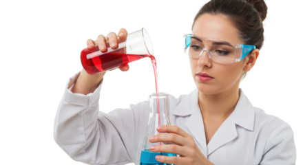 Female scientist pouring red liquid into blue solution in laboratory