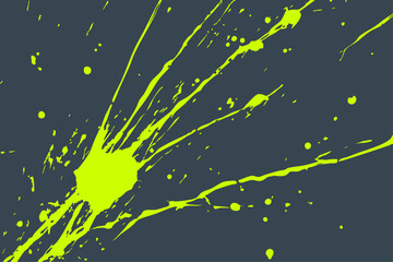 Vibrant neon yellow-green paint splatters explode across a dark charcoal grey background. Abstract vector illustration with high-energy impact, ideal for edgy, modern designs.