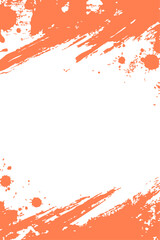 Abstract orange paint brush strokes and splatters create a dynamic grunge frame on a white background. Vector illustration with ample copy space, ideal for edgy designs.