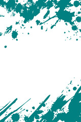 Artistic teal vector paint splatters create a dynamic border on a white background. Ideal for invitations, cards, or modern designs requiring a fresh, abstract frame. Ample copy space.