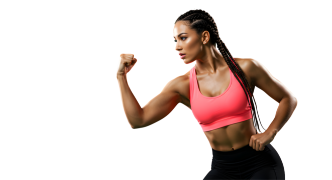 Strong Athletic Woman Flexing Muscles in Profile Studio Shot
